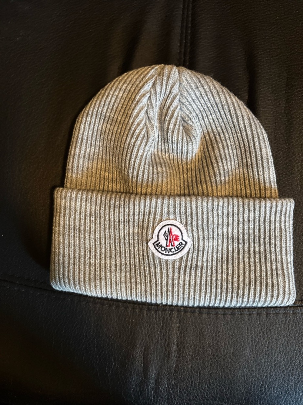 Moncler Gray Ribbed Cuffed Beanie with Logo Emblem